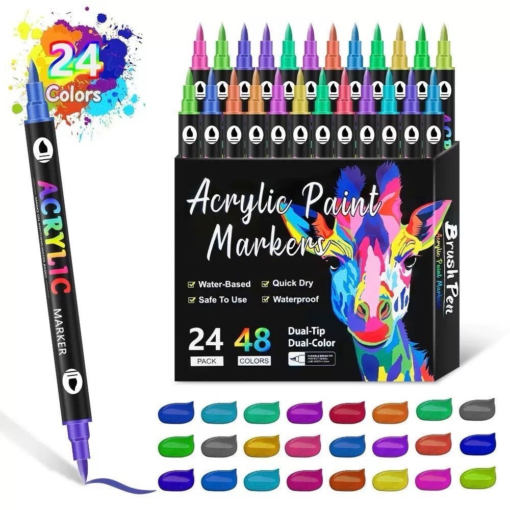 Box of 24 dual-tip acrylic paint markers offering 48 vibrant colors.