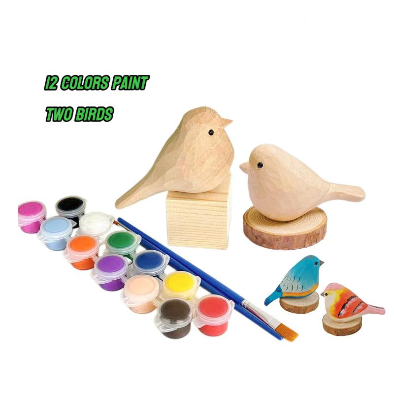 Luxury DIY set featuring two wooden birds, vibrant acrylic paint, and acrylic markers for a complete crafting experience.