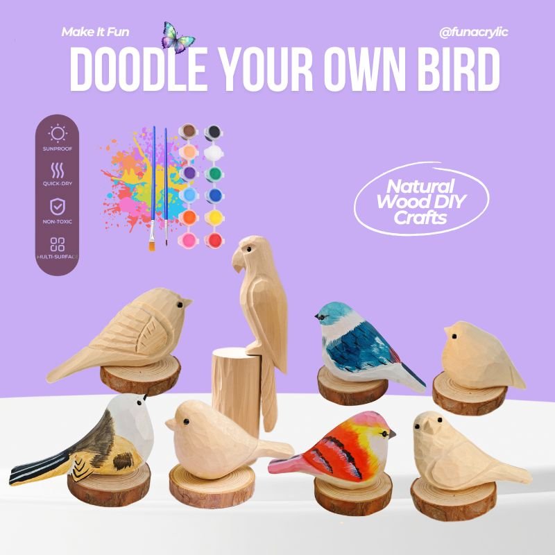 Various wooden bird craft models with paints and brushes in a fun DIY setting