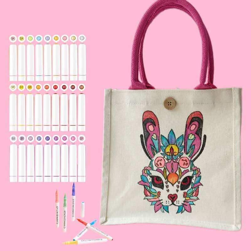 A canvas bag featuring a colorful rabbit illustration along with a set of fabric markers for customizing the design.