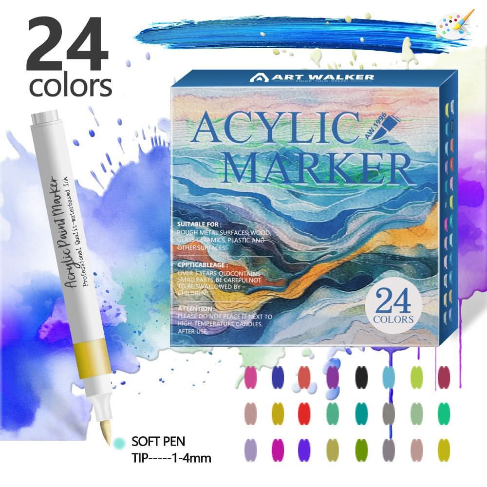 24-color acrylic paint marker set in dreamy blue-themed packaging, perfect for vibrant DIY projects and creative artwork.