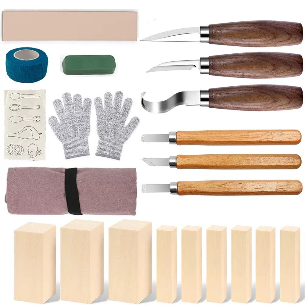 A collection of carving tools, including knives, safety gloves, and wood blocks for crafting.