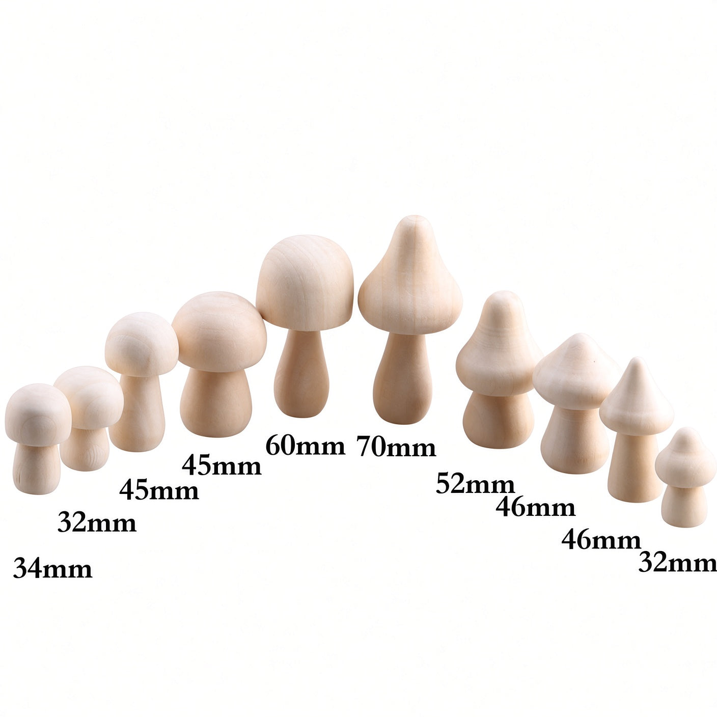 Size guide of 10 unfinished wooden mushrooms from 32 mm to 70 mm