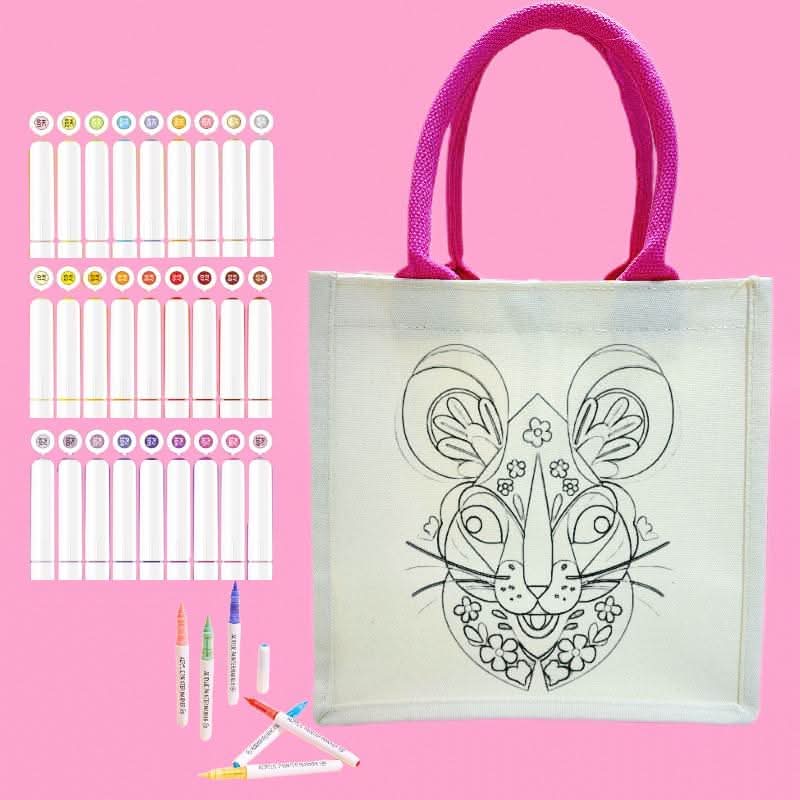 Canvas tote bag featuring a cute rat outline ready for DIY coloring and painting