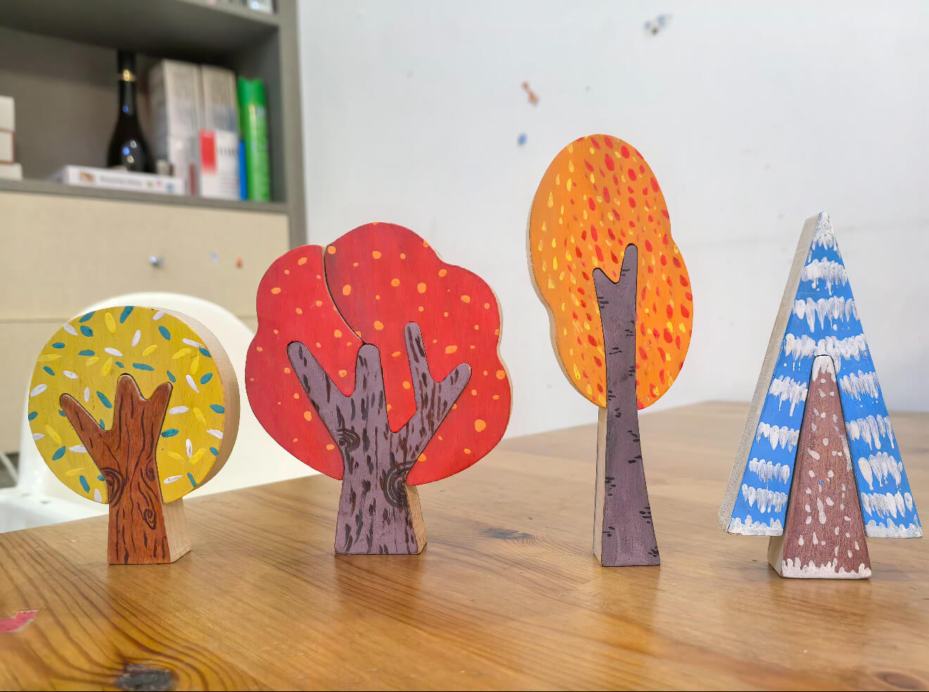 Real customer red orange and blue painted wooden tree ideas