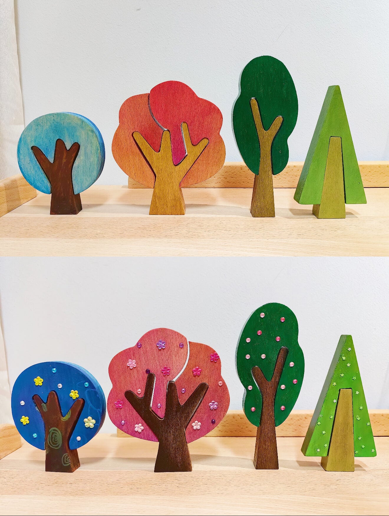 Collage of colorful real customer wooden tree painting ideas