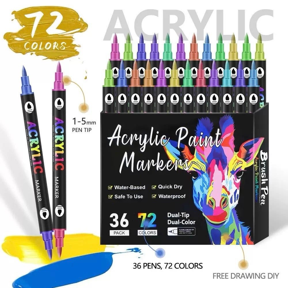 Acrylic paint markers set featuring 72 vibrant colors and dual tips for versatile applications in paper crafts.