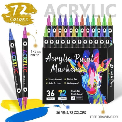 Acrylic paint markers set featuring 72 vibrant colors and dual tips for versatile applications in paper crafts.