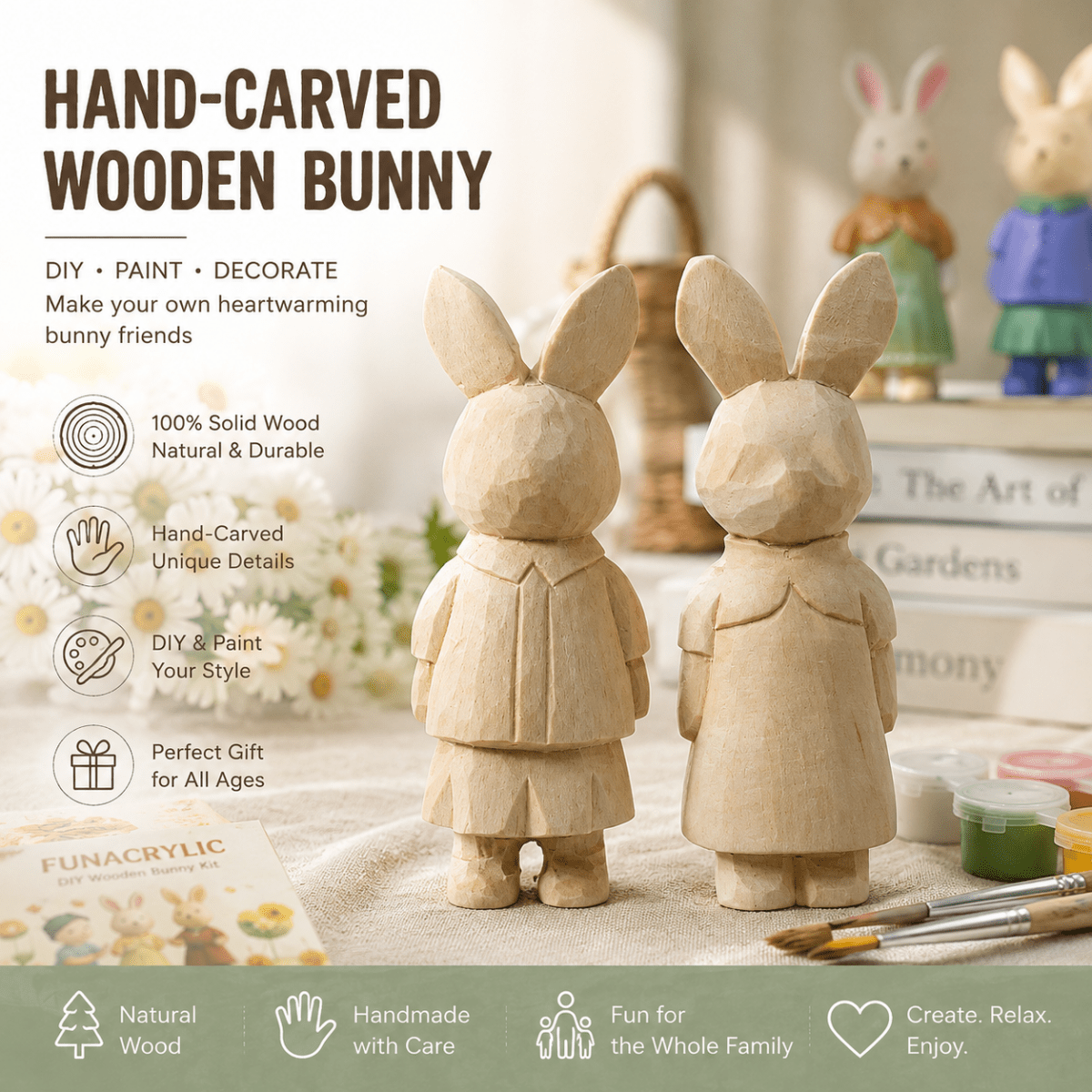 DIY Wooden Bunny Craft Kit | Paint Your Own Easter Rabbit Figurine - FunAcrylic