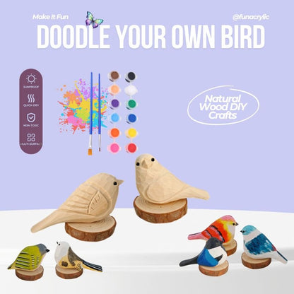 A DIY craft kit featuring wooden birds, colorful paints, and brushes for creating personalized bird decorations.