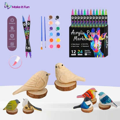 A craft kit featuring wooden birds, acrylic paint markers, and painting supplies for creative projects.