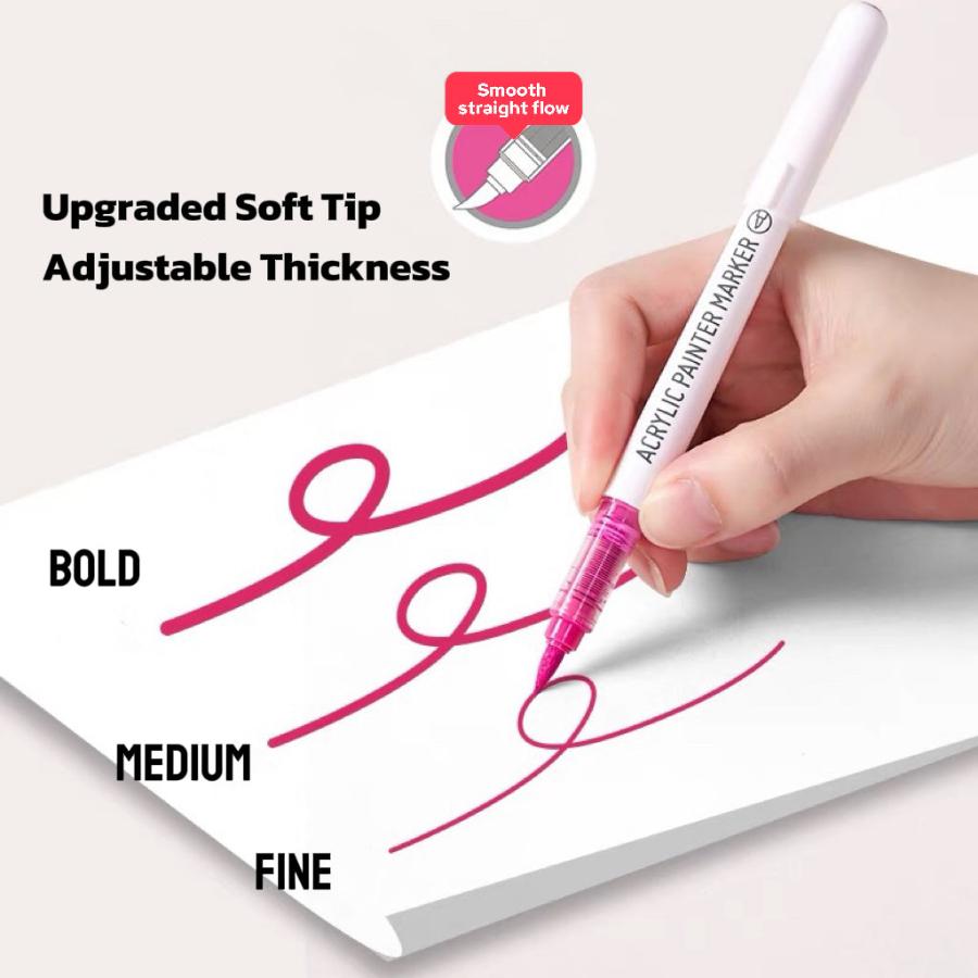 Demonstration of acrylic markers with smooth ink flow, showcasing soft tips creating fine, medium, and bold lines for versatile artistic expressions.