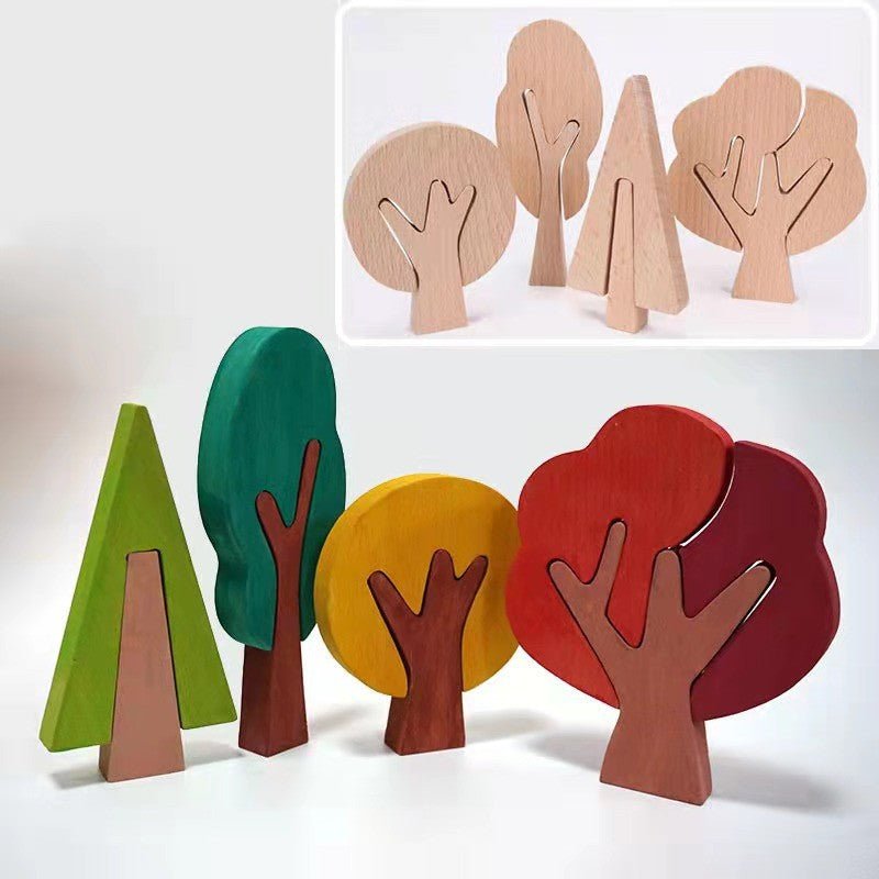 Colorful DIY hand-carved wooden trees in various shapes and sizes, perfect for painting your own forest.