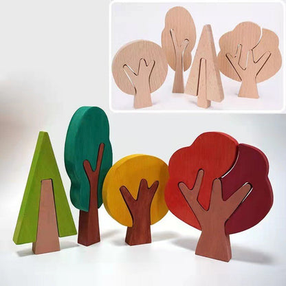 Colorful DIY hand-carved wooden trees in various shapes and sizes, perfect for painting your own forest.