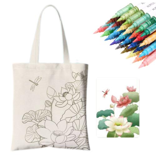 DIY tote kit featuring a floral design with coloring markers and a printed lotus illustration