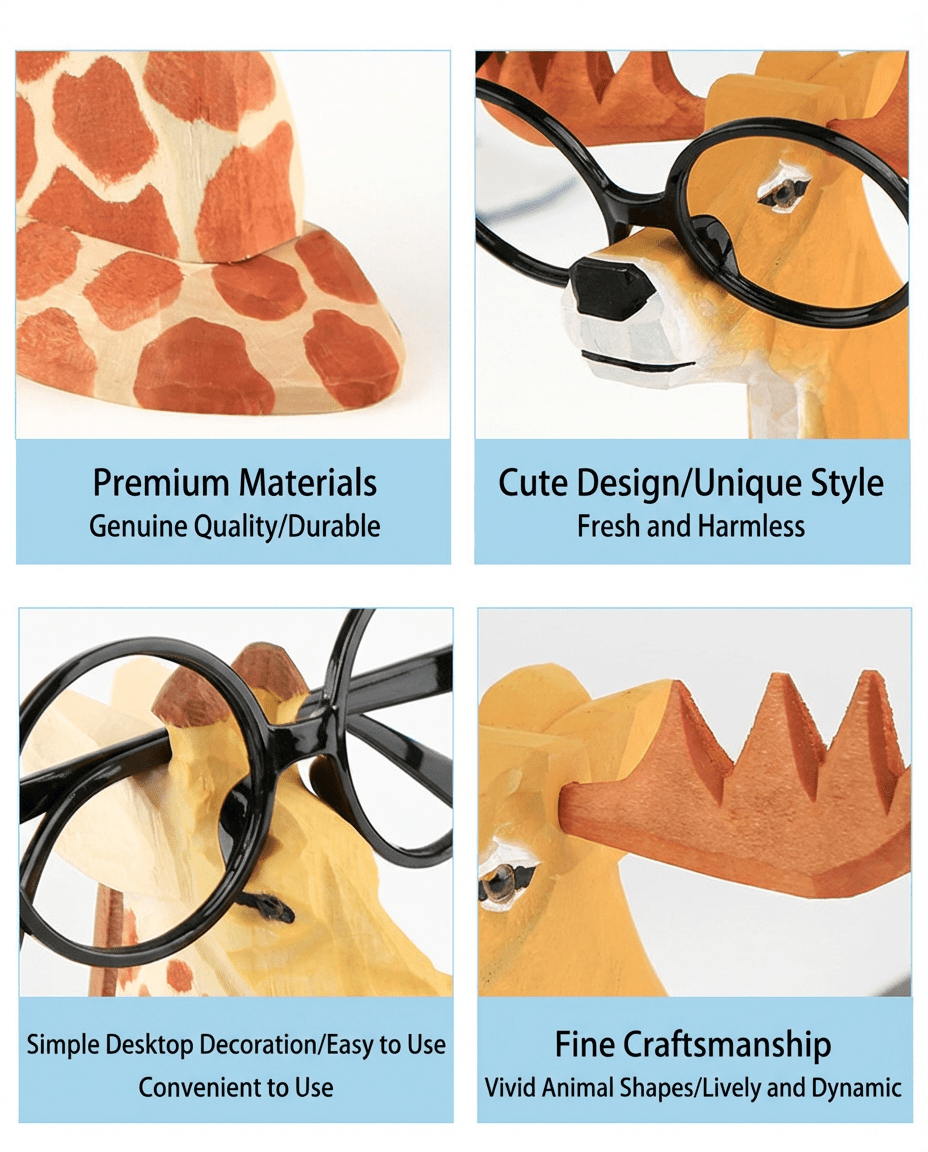 Details showing hand-carved wood texture and safe paint on animal eye glass holders