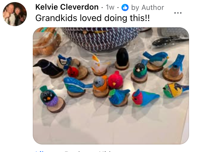 Customer review showing a colorful collection of completed wooden bird crafts