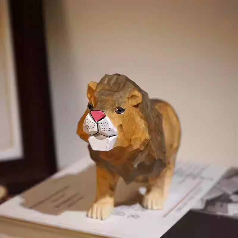A beautifully crafted wooden lion figurine with detailed features, showcasing a playful design.
