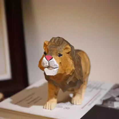 A beautifully crafted wooden lion figurine with detailed features, showcasing a playful design.