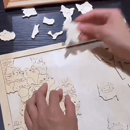 A person assembling a fun acrylic puzzle with various whimsical animal shapes.