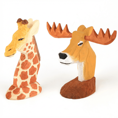 Hand-carved wooden giraffe and deer glasses holders for desk decor
