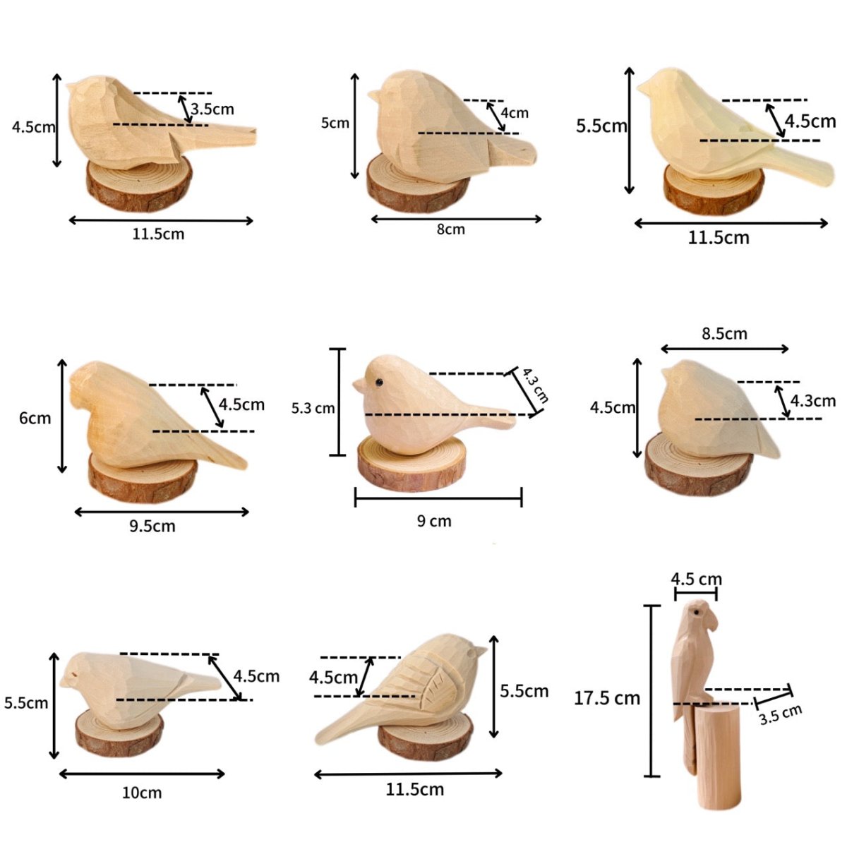 A collection of wooden bird figures with measurements, displayed on wooden bases, perfect for a craft kit.