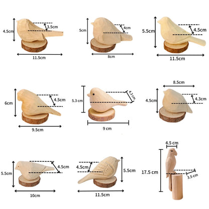 A collection of wooden bird figures with measurements, displayed on wooden bases, perfect for a craft kit.