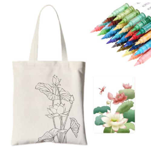Creative DIY tote kit featuring a canvas bag, colorful markers, and flower designs for crafting.
