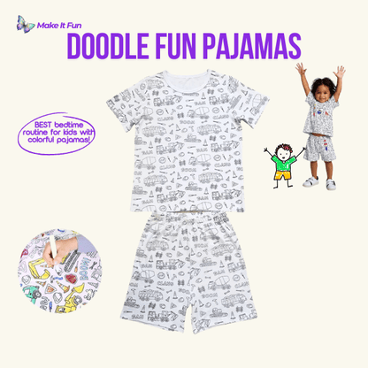 Colorful short-sleeve pajamas for kids featuring doodle design, perfect for a fun bedtime routine.