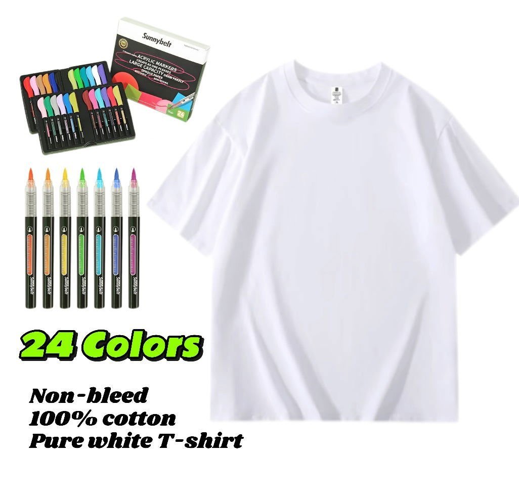 DIY T-shirt art kit with 24 colors of non-bleed acrylic markers and a pure white 100% cotton T-shirt.