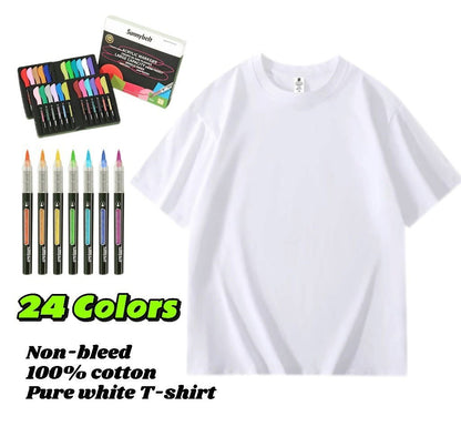 DIY T-shirt art kit with 24 colors of non-bleed acrylic markers and a pure white 100% cotton T-shirt.