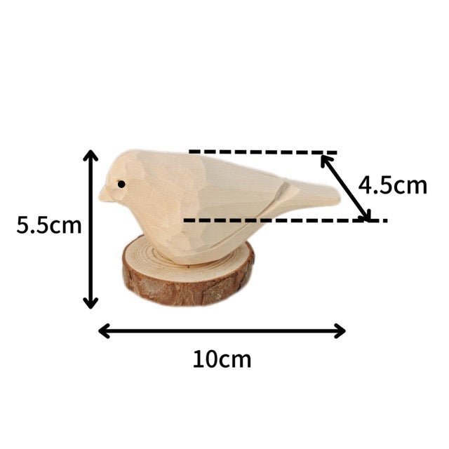 A charming wooden bird decor piece with natural finish, measuring 10cm in length, 5.5cm in height, and 4.5cm in width, perfect for home decoration.