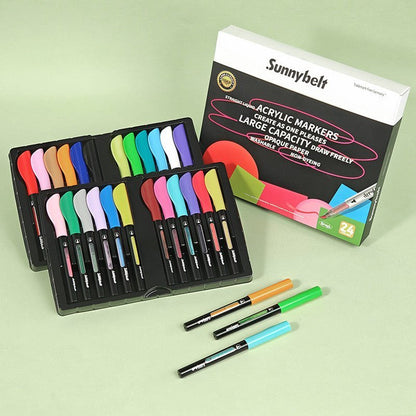 A set of soft-tip acrylic markers in various colors, perfect for DIY projects on wood, fabric, and t-shirts.