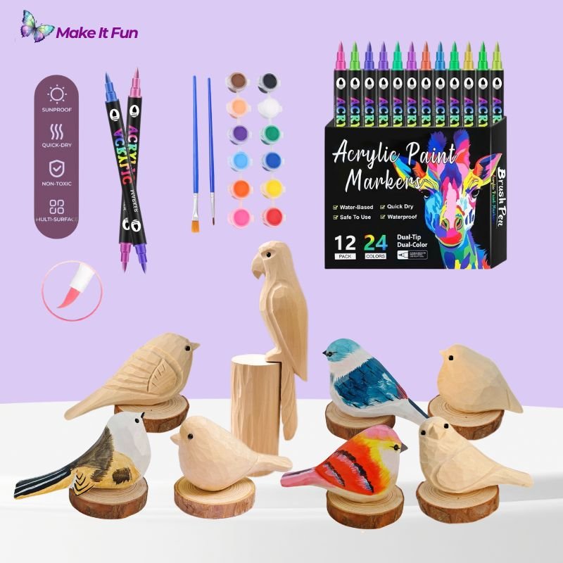 Wooden bird craft kit featuring various birds and acrylic paint markers for crafting.