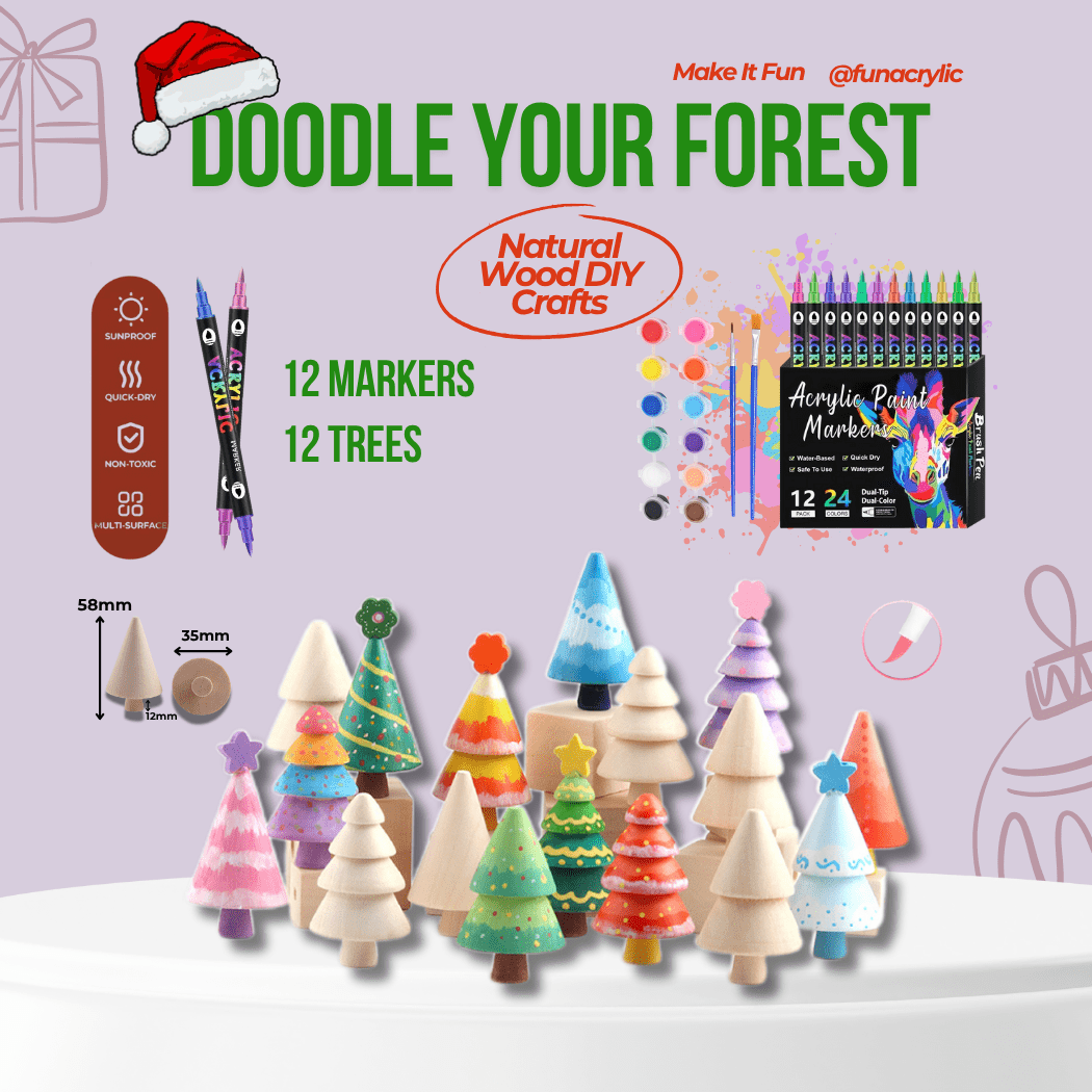 Colorful wooden tree kit featuring six trees and twelve acrylic markers for creative DIY crafting.