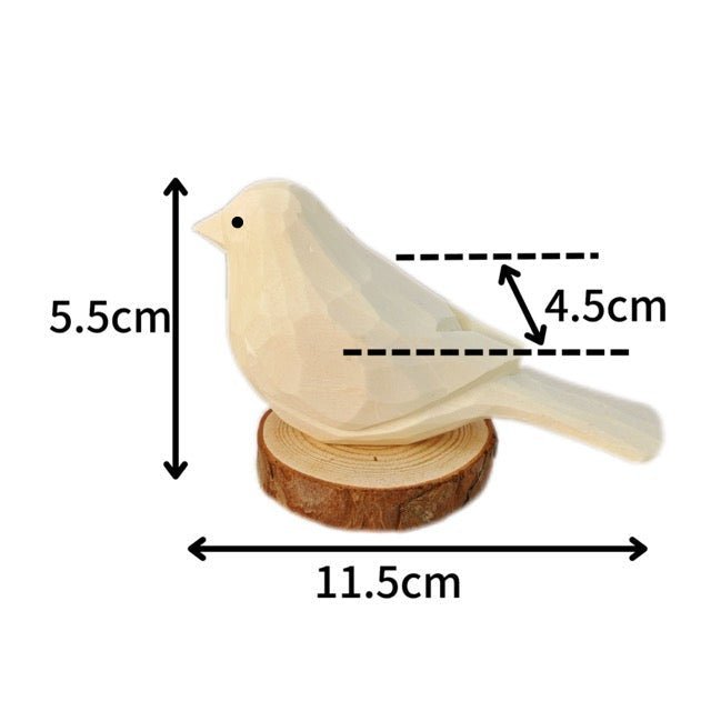 A decorative wooden bird figure resting on a circular wooden base, measuring 11.5cm in width and 5.5cm in height.