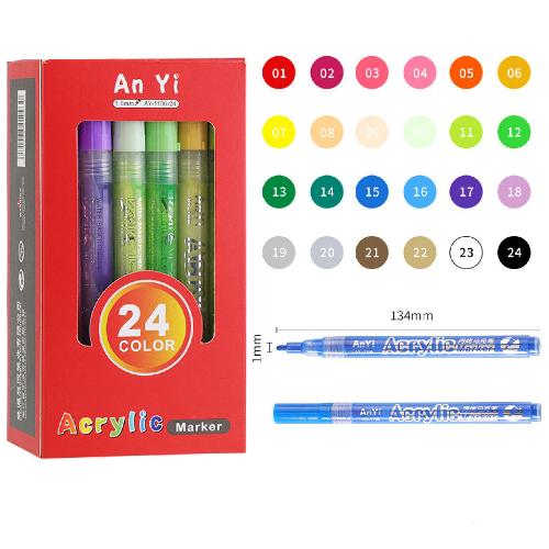 A set of 24 colorful acrylic markers in a red packaging, showcasing various colors and tip details.