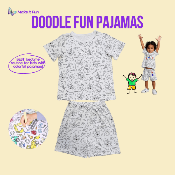 Colorful short-sleeve pajamas for kids featuring doodle designs, perfect for bedtime.