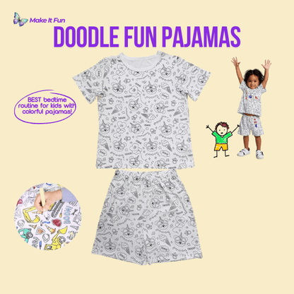 Colorful short-sleeve pajamas for kids featuring doodle designs, perfect for bedtime.
