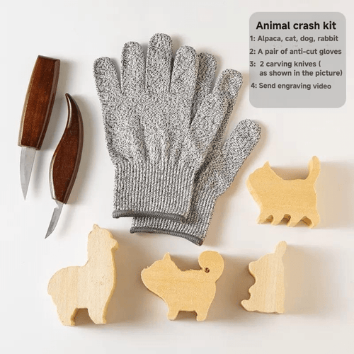 A complete animal crash kit featuring anti-cut gloves, carving knives, and wooden animal shapes.