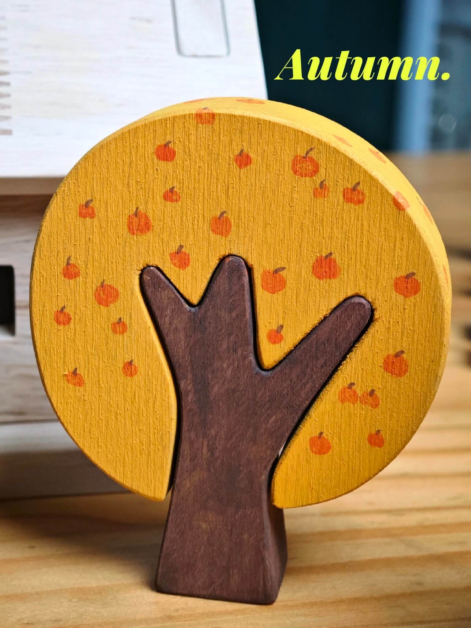 Yellow and orange hand-painted wooden tree inspired by autumn
