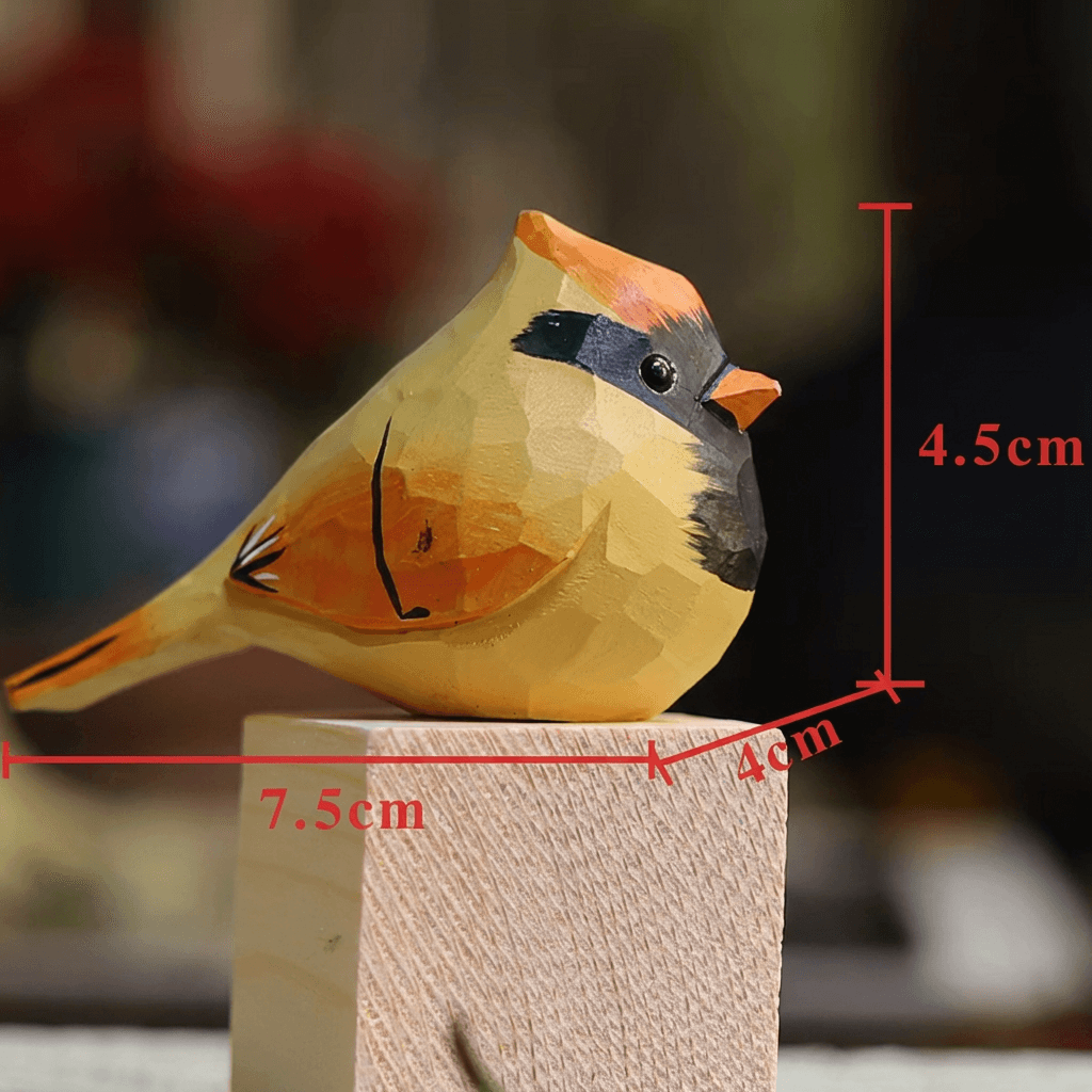 A beautifully crafted small bird figurine made of acrylic, measuring 7.5 cm in width, 4.5 cm in height, and 4 cm in depth, showcasing vibrant colors and intricate details.