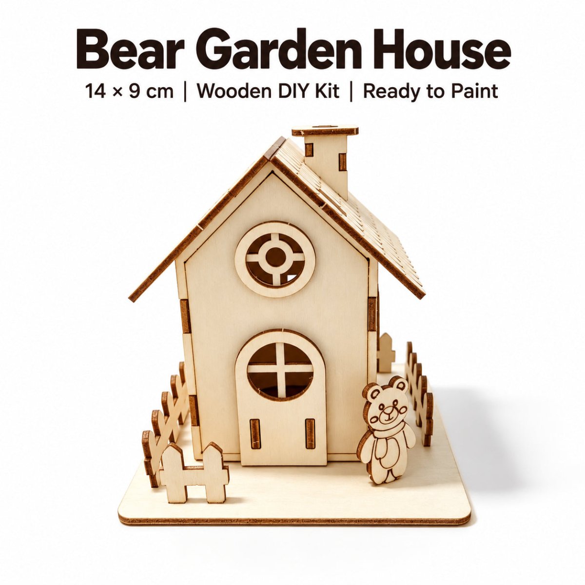 Bear garden themed DIY wooden Christmas house with festive painted details