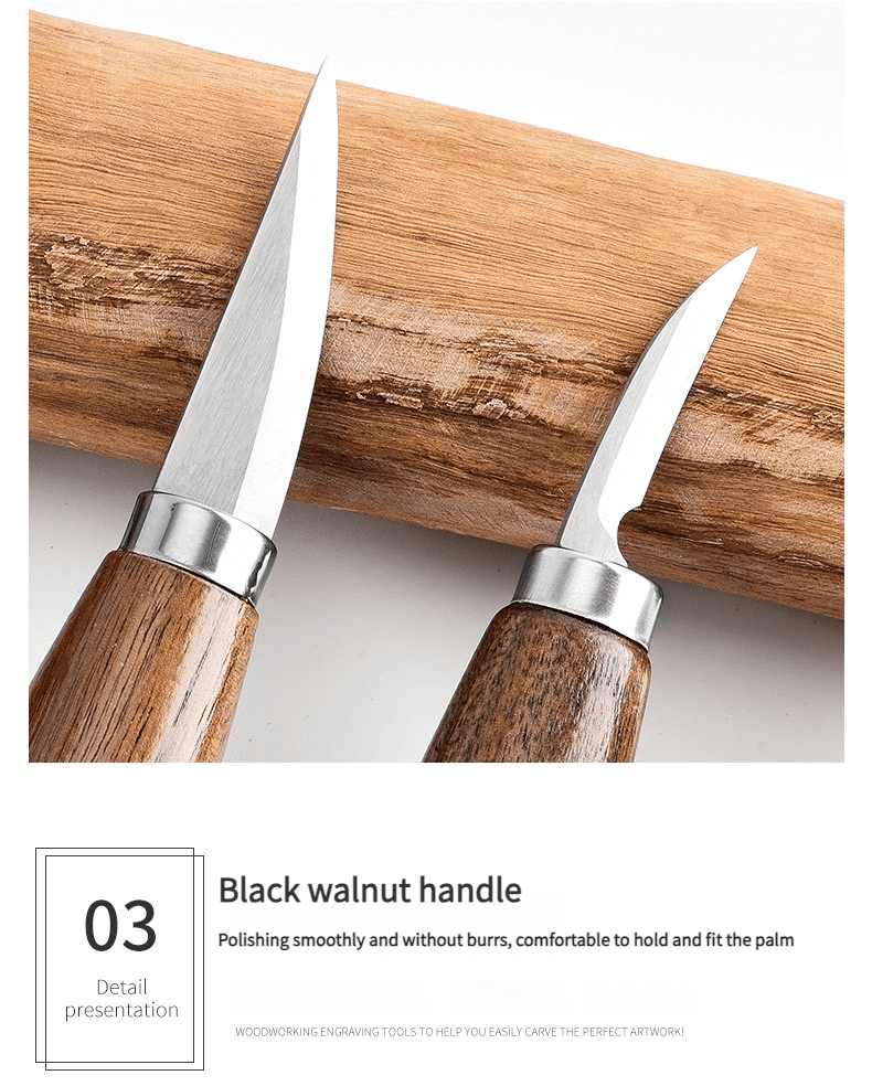 Two woodworking tools with black walnut handles positioned on a wooden surface, highlighting their ergonomic design.