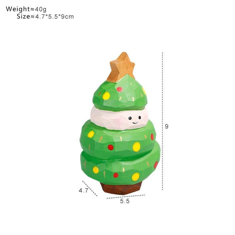 Hand-carved wooden Christmas tree with a star topper and green painted finish