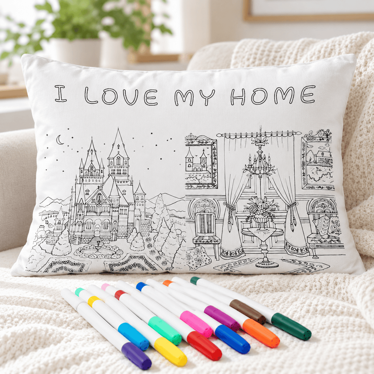 Uncolored castle and home-themed coloring pillowcase displayed with colorful fabric markers