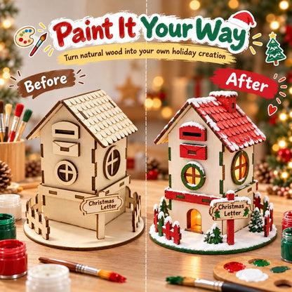 Christmas letter wooden house shown before and after hand painting