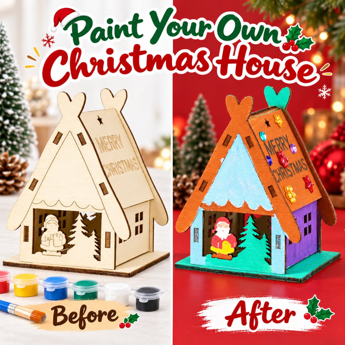Unpainted and hand-painted Christmas teepee wooden house shown side by side