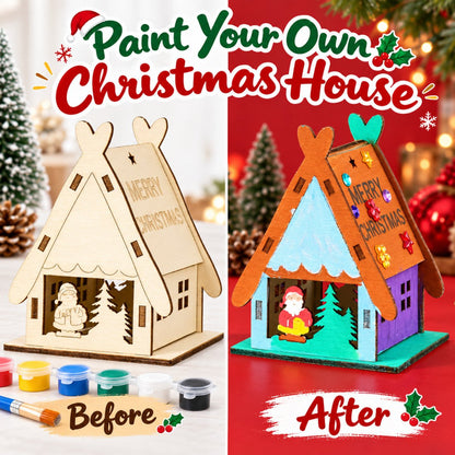 Unpainted and hand-painted Christmas teepee wooden house shown side by side
