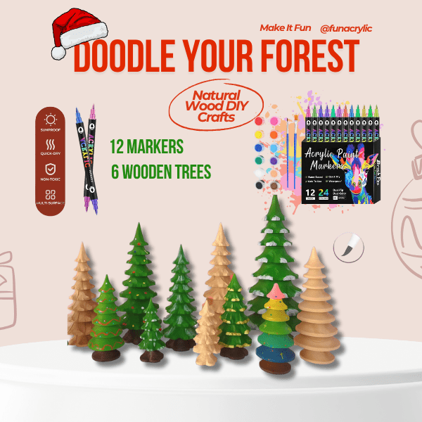 DIY kit bundle including six wooden trees, markers, and paint supplies